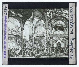 Königsberg, Schlosskirche,unbekannt, Krönung (Friedrichs I.?) in der Königsberger Schlosskirche (Druck) : Innenansicht, Druck