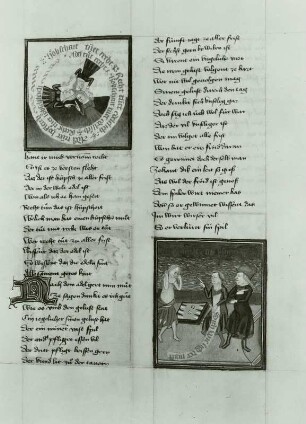 Allegorische Darstellung mit Brettspielern, :Illumination und Schriftspiegel in Thomas von Zerklaere "Der welsche Gast"