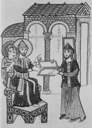Regula Sancti Benedicti - Cod. 175 — fol. 2r: Darstellung des heiligen Benedikt und des Abtes Johannes