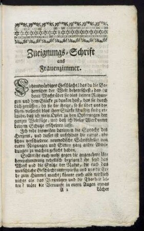 Zueignungs-Schrift ans Frauenzimmer.