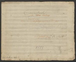 Symphonies concertantes, vl (2), orch, F-Dur - BSB Mus.Schott.Ha 1613-2 : [title page, with ink:] Concertante // a due [changed with red chalk into:] pour deux Violons // [with ink, crossed out with red chalk:] Violini // [with red chalk:] avec accompagnement de // [with pencil:] deux Violons Alto et Basse, deux Hautbois et Deux Cors // 2 Trompettes et Timbales // [with red chalk:] composée par [with ink:] J: B: Moralt