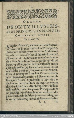 Oratio [I.] De Obitu Illustrissimi Principis, Johannis Guilielmi Ducis Saxoniae