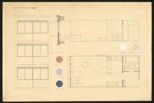 Appartementhaus: Fassadendetail 1:20, Grundriss und Wandabwicklung einer Einraumwohnung 1:20