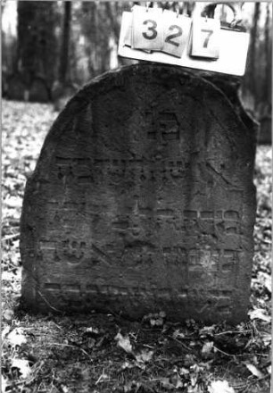 Grabstein 327 (Index: 99752323) Material: Sandstein Zustand: leicht verwittert, Stele eingesunken Maße HxBxT: 78x66x10 cm Beschreibung: Stele, Rundbogenabschluß: Grabstein 327