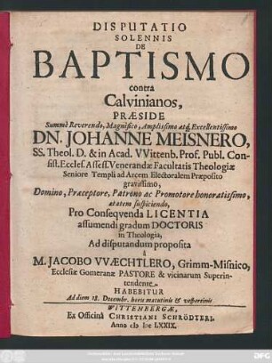 Disputatio Solennis De Baptismo contra Calvinianos