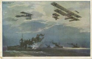 Vier englische Linienschiffe unter Dampf auf hoher See, darüber zwei Doppeldecker-Wasserflugzeuge