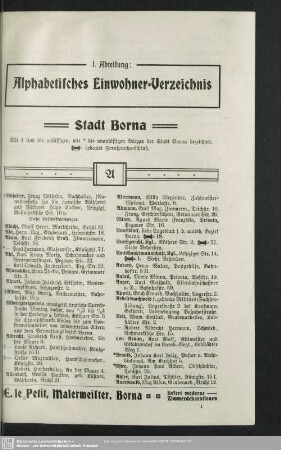 Einwohnerverzeichnis : I. Abteilung. Alphabetisches Einwohner-Verzeichnis