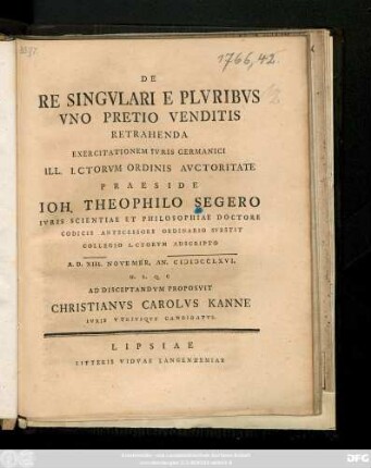 De Re Singvlari E Plvribvs Vno Pretio Venditis Retrahenda : Exercitationem Ivris Germanici ...
