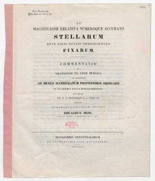 De magnitudine relativa numeroque accurato stellarum quae solis oculis conspiciuntur fixarum.