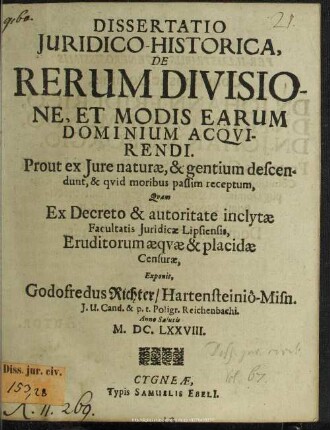 Dissertatio de rerum divisione et modis earum dominium acquirendi