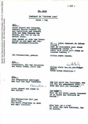 Drehbuch (Auszug), mit handschriftlichen Korrekturen von Artur Brauner