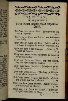 Verzeichniß der in diesem zweyten Theil enthaltenen Briefe.