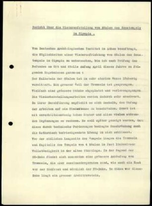 Anlage I. Bericht über die Wiederaufstellung von Säulen des Zeustempels in Olympia