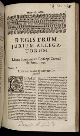 Registrum Iurium Allegatorum : Literæ Immunitatis Episcopi Conradi de Anno 1195