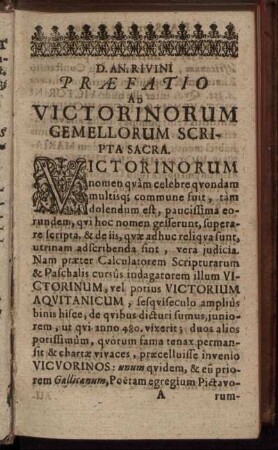 D. An. Rivini Præfatio Ad Victorinorum Gemellorum Scripta Sacra.