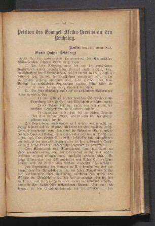 Petition des Evangel. Afrika-Vereins an den Reichstag