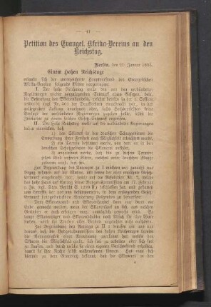 Petition des Evangel. Afrika-Vereins an den Reichstag