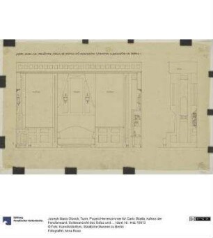 Turin, Projekt Herrenzimmer für Carlo Stratta, Aufriss der Fensterwand, Seitenansicht des Sofas und der Nischenwand