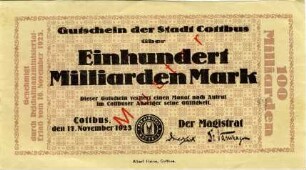 Cottbus, Stadt: 100 Milliarden Mark 1923