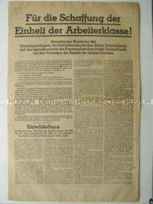 Sonderdruck zur gemeinsamen Konferenz des Zentralausschusses der SPD und des Zentralkomitees der KPD mit den Vertretern der Bezirke der beiden Parteien
