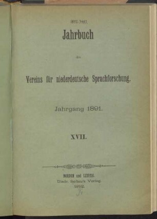 17: Jahrbuch des Vereins für Niederdeutsche Sprachforschung