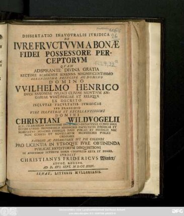 Dissertatio Inavgvralis Ivridica De Ivre Frvctvvm A Bonæ Fidei Possessore Perceptorvm