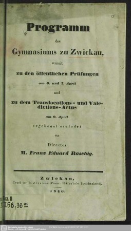 1839/40: Programm des Gymnasiums zu Zwickau : womit zu der öffentlichen Prüfung ... ergebenst einladet