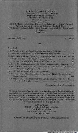 Die Welt der Slaven : internationale Halbjahresschrift für Slavistik. 29 = N.F. 8. 1984