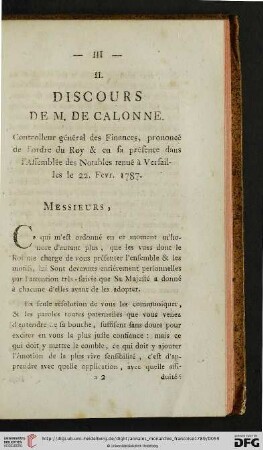 II. Discours de M. de Calonne