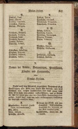 X. Namen der Aemter, Bedienungen, Professionen, Künstler und Handwerker, oder Titular-Lexicon.