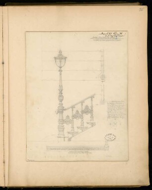 Gusseiserne Treppe mit Kandelaber Monatskonkurrenz Dezember 1876: Grundriss, Aufriss Seitenansicht; Details: Horizontalschnitt der Lampe, Vorderansicht einer Stufe; Maßstabsleiste, Erläuterungstext