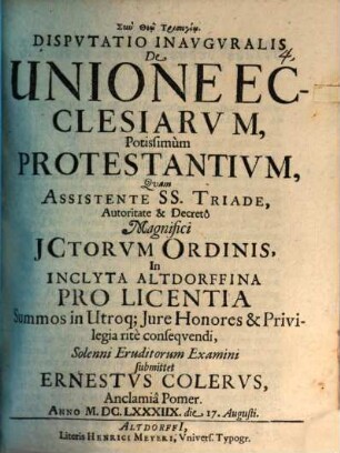 Disp. inavg. de unione ecclesiarvm, potissimum protestantivm