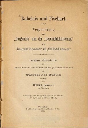 Rabelais und Fischart : Vergleichung des "Gargantua" und der "Geschichtsklitterung" von "Pantagrueline prognostication" und "Aller Practick Grossmutter"