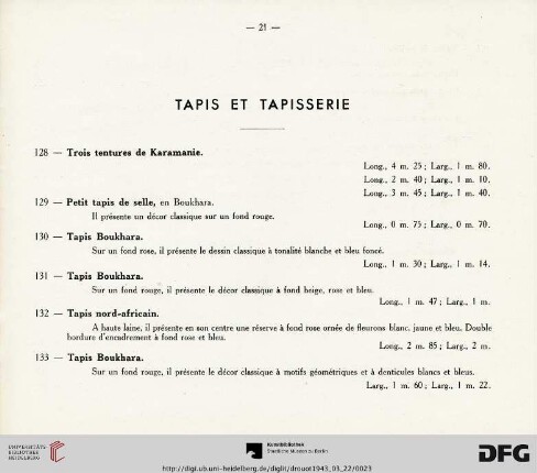 Tapis et tapisserie (Nr. 128-145)