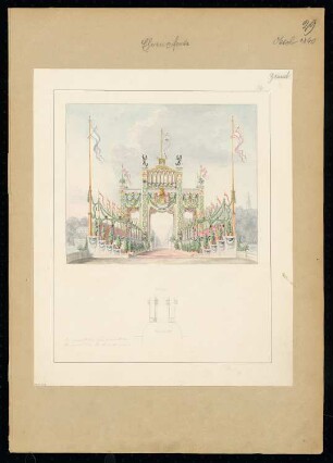 Ehrenpforte auf dem Alexanderplatz, Berlin Monatskonkurrenz Oktober 1840: Grundrissskizze, perspektivische Ansicht