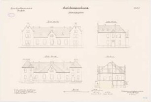 Kavallerie Kasernement II, Danzig-Langfuhr Wirtschaftsgebäude: Querschnitt, Vorderansicht, Seitenansicht und Hinteransicht, 1:100