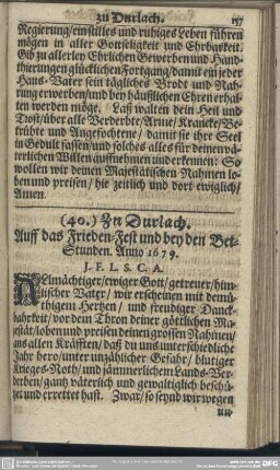 (40.) Zu Durlach. Auff das Frieden-Fest und bey den Bet-Stunden. Anno 1679