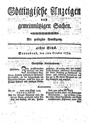 40tes Stück. Sonnabend, den 2ten October 1779.