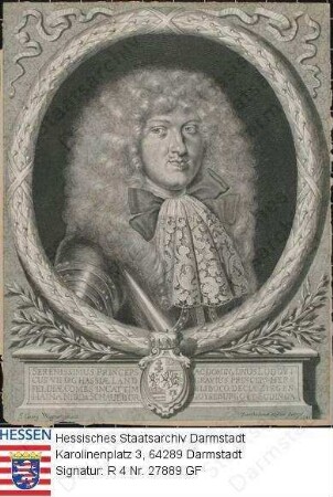 Ludwig VII. Landgraf v. Hessen-Darmstadt (1658-1678) / Porträt, leicht linksgewandtes, linksvorblickendes Brustbild in Medaillon mit Wappen und lateinischer Sockelinschrift
