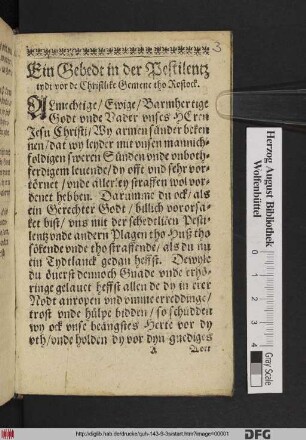 Ein Gebedt in der Pestilentz tydt vor de Christlike Gemene tho Rostock