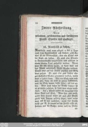 Zwote Abtheilung. Von gekochten, geschmorten und farschirten Fleisch-Speisen und Geflügel.