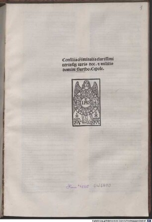 Consilia criminalia : mit Tabula von Michael und Leonardus Cepolla