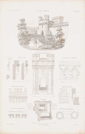 Burg Lechenich, Erftstadt: Lageplan, Perspektivische Ansicht, Details (aus: Atlas zur Zeitschrift für Bauwesen, hrsg. v. G. Erbkam, Jg. 13, 1863)