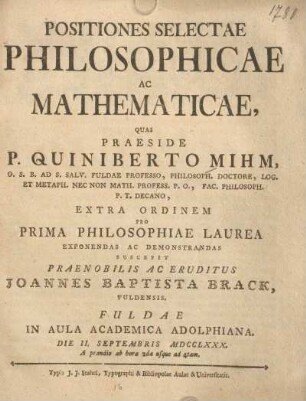 Positiones Selectae Philosophicae Ac Mathematicae