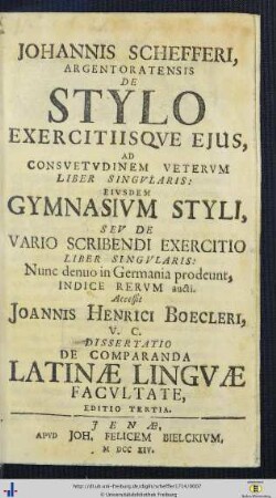 Johannis Schefferi De stylo exercitiisqve ejus : ad consvetvdinem vetervm liber singvlaris