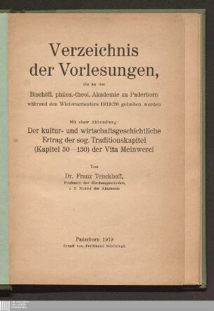 Verzeichnis der Vorlesungen, die an der Bischöfl. philos.-theol. Akademie zu Paderborn während des Wintersemesters 1919/20 gehalten werden