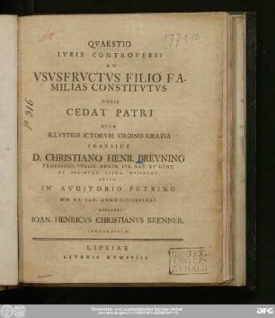 Qvaestio Ivris Controversi An Vsvsfrvctvs Filio Familias Constitvtvs Hodie Cedat Patri