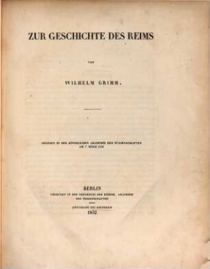 Zur Geschichte des Reims : Gelesen in der k. Akad. d. Wiss. am 7 März 1850