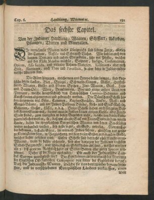 Das sechste Capitel. Von der Indianer Handlung, Waaren, Schiffart, Ackerbau, Pflantzen, Thieren und Mineralien
