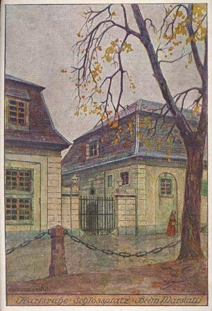 Postkartenalbum. "Karlsruhe - Schlossplatz - Beim Marstall". Schlossplatz mit Marstall